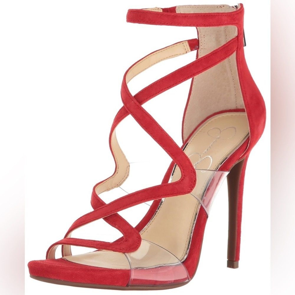 Jessica Simpson Roelyn Red Suede Clear PVC Strappy‎ Heel Sandals Size 7M